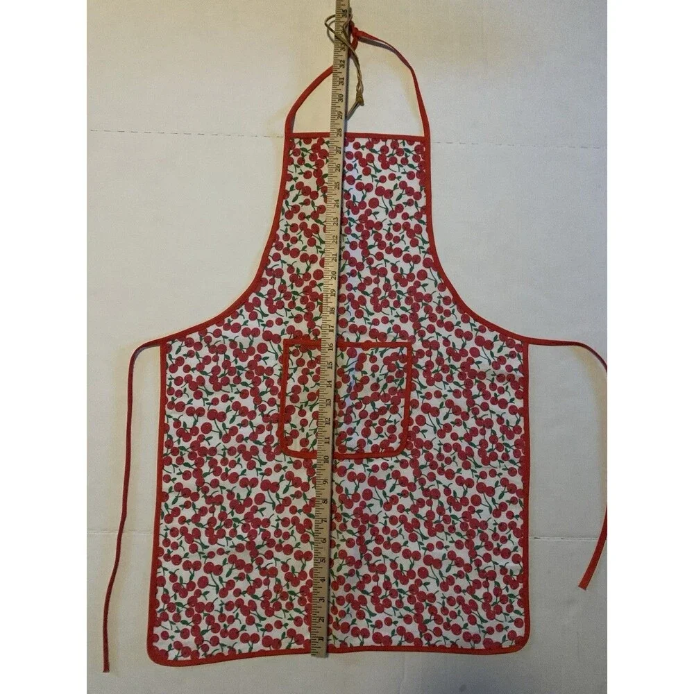 Vintage Cherry Print Cotton Bib Apron with Pockets for Adults